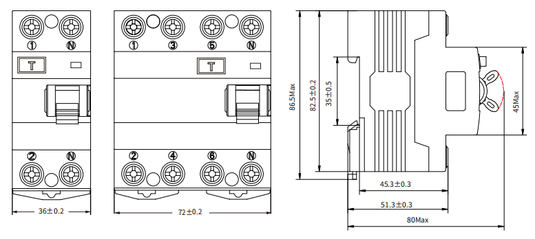 ETEK RCCB EKL1-80(H) Size