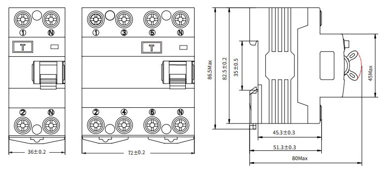 Interruptor diferencial ETEK EKL1-80(H) Tamaño