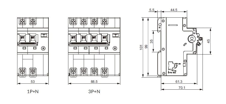 Plano de dimensiones del RCBO