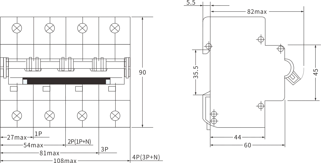 Interruptor magnetotérmico de gran corriente ETEK EKM1-125H Tamaño